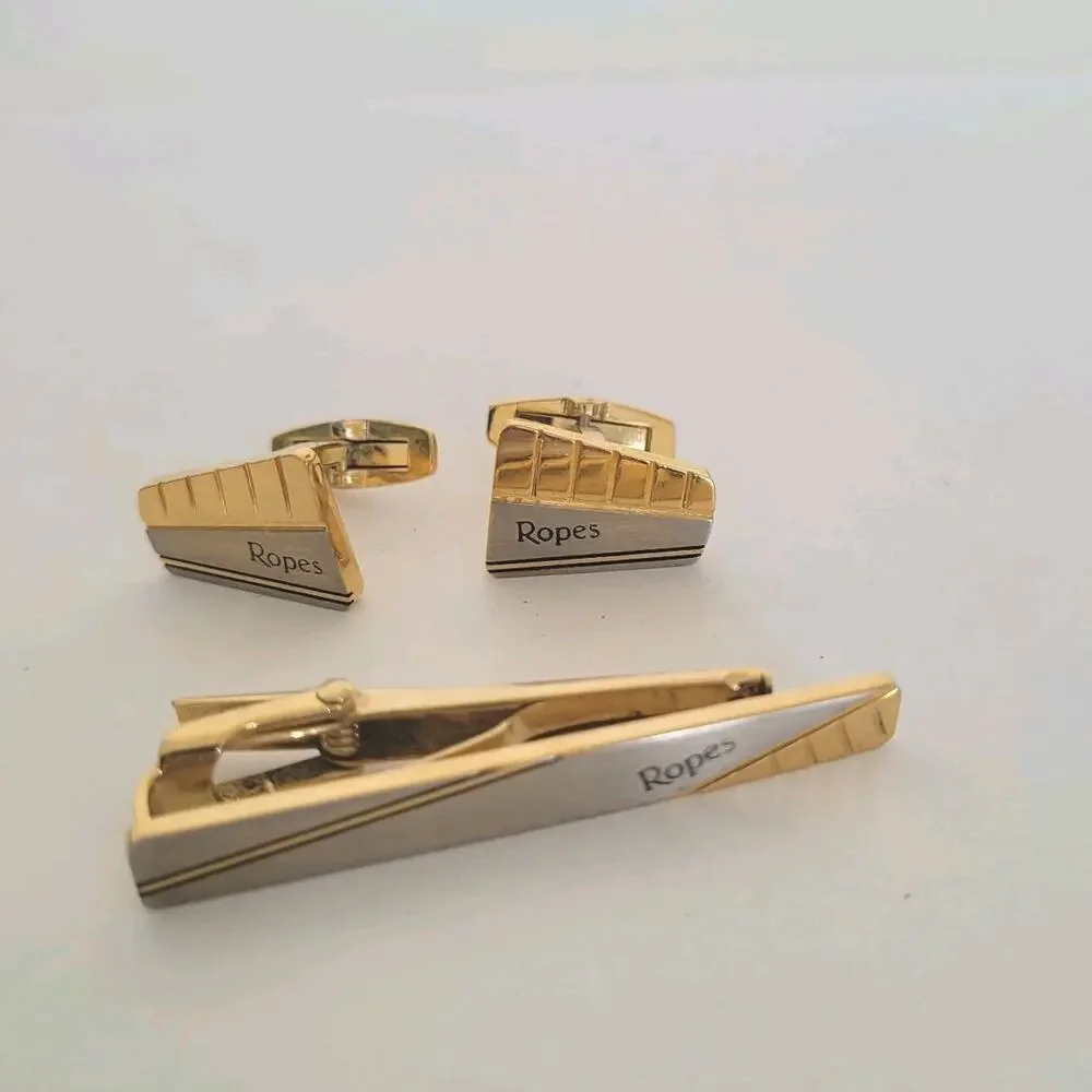 Ropes Tie Bar Clip Cufflinks Set Gold Silver Two Tone Logo Geometric Whale Retro